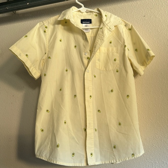 Boys button up colored dress shirt yellow with avocados (size large- 10/12) - Picture 1 of 1